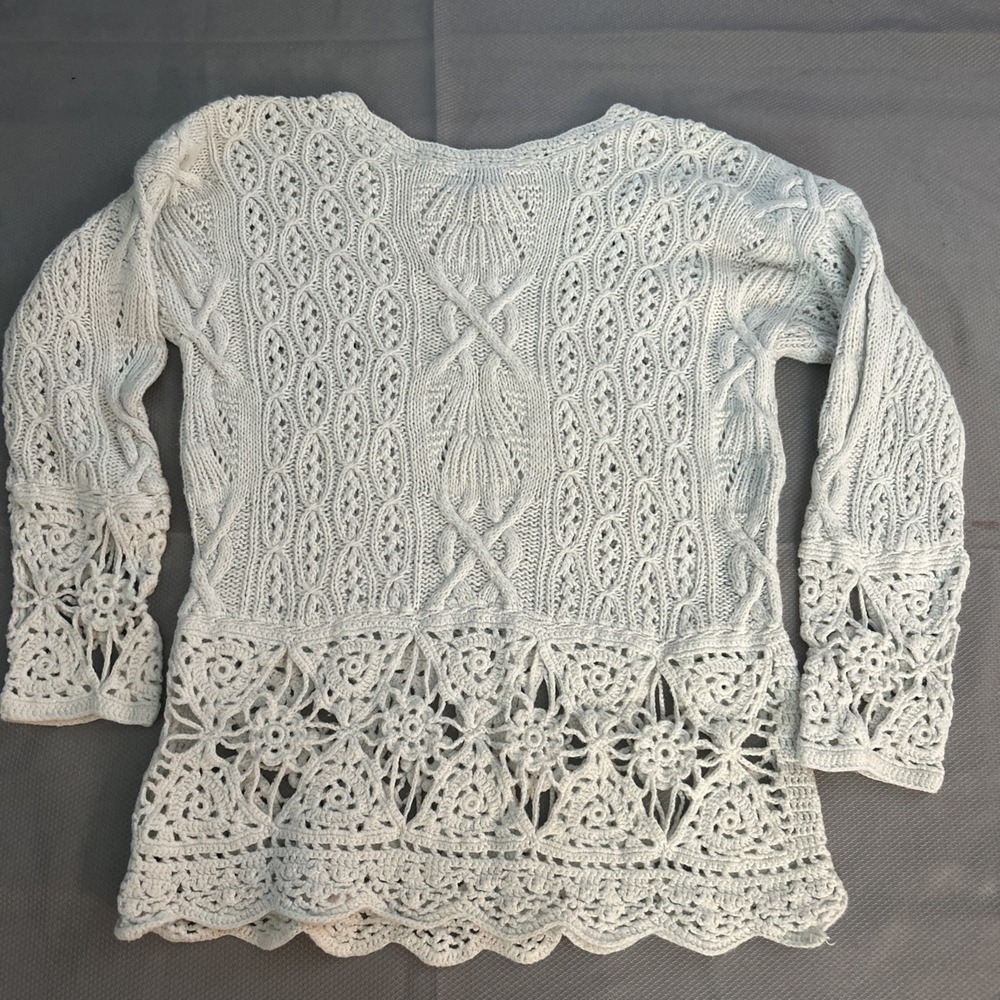Express Tricot Handknit Crochet Boho Lace Cream‎ Ivory Pullover Sweater Small - Picture 6 of 6